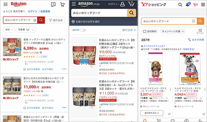 和漢みらいのドッグフードは楽天とAmazonでは高い。Yahooショッピングには売っていない。